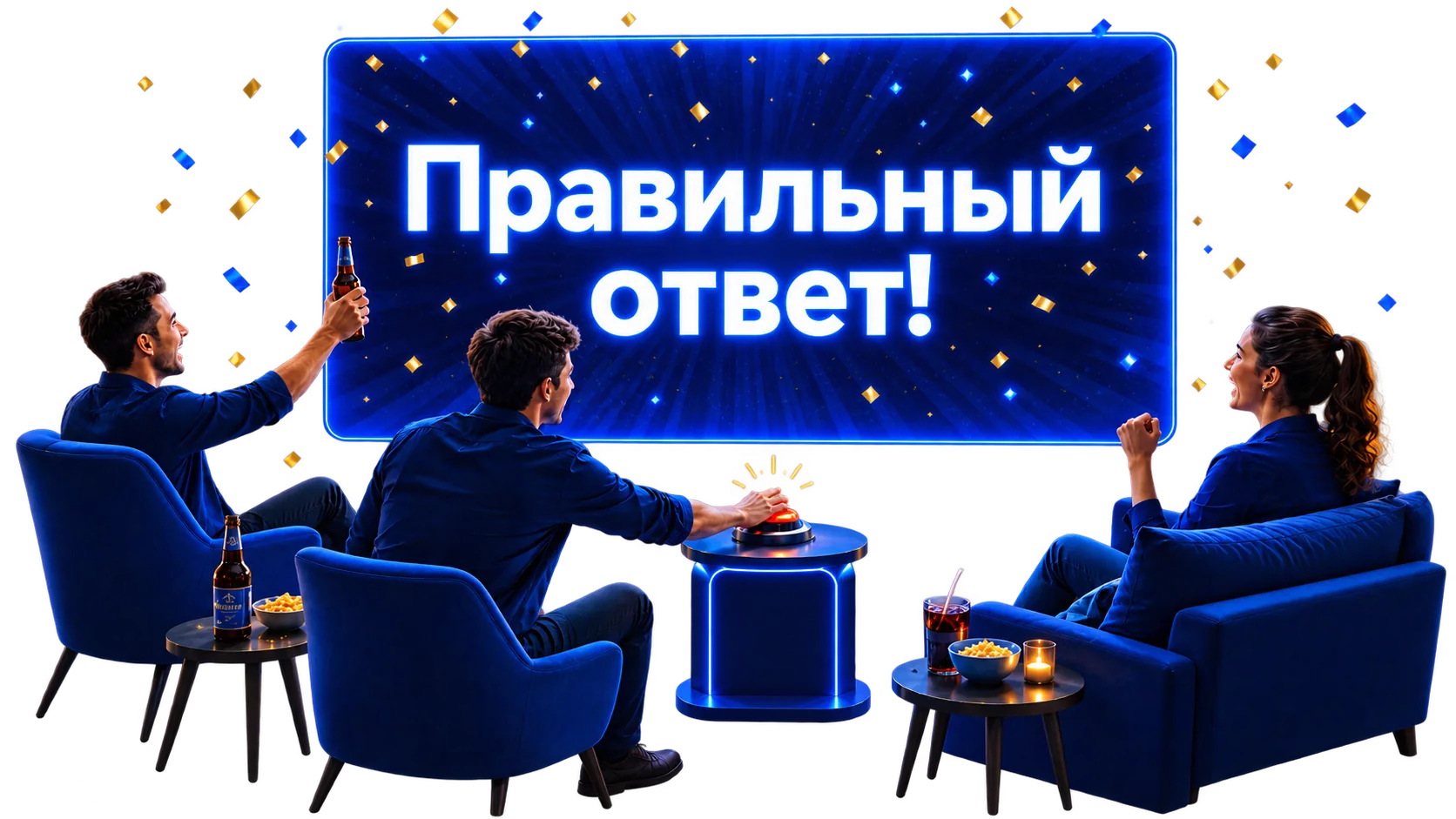 Друзья празднуют правильный ответ в викторине